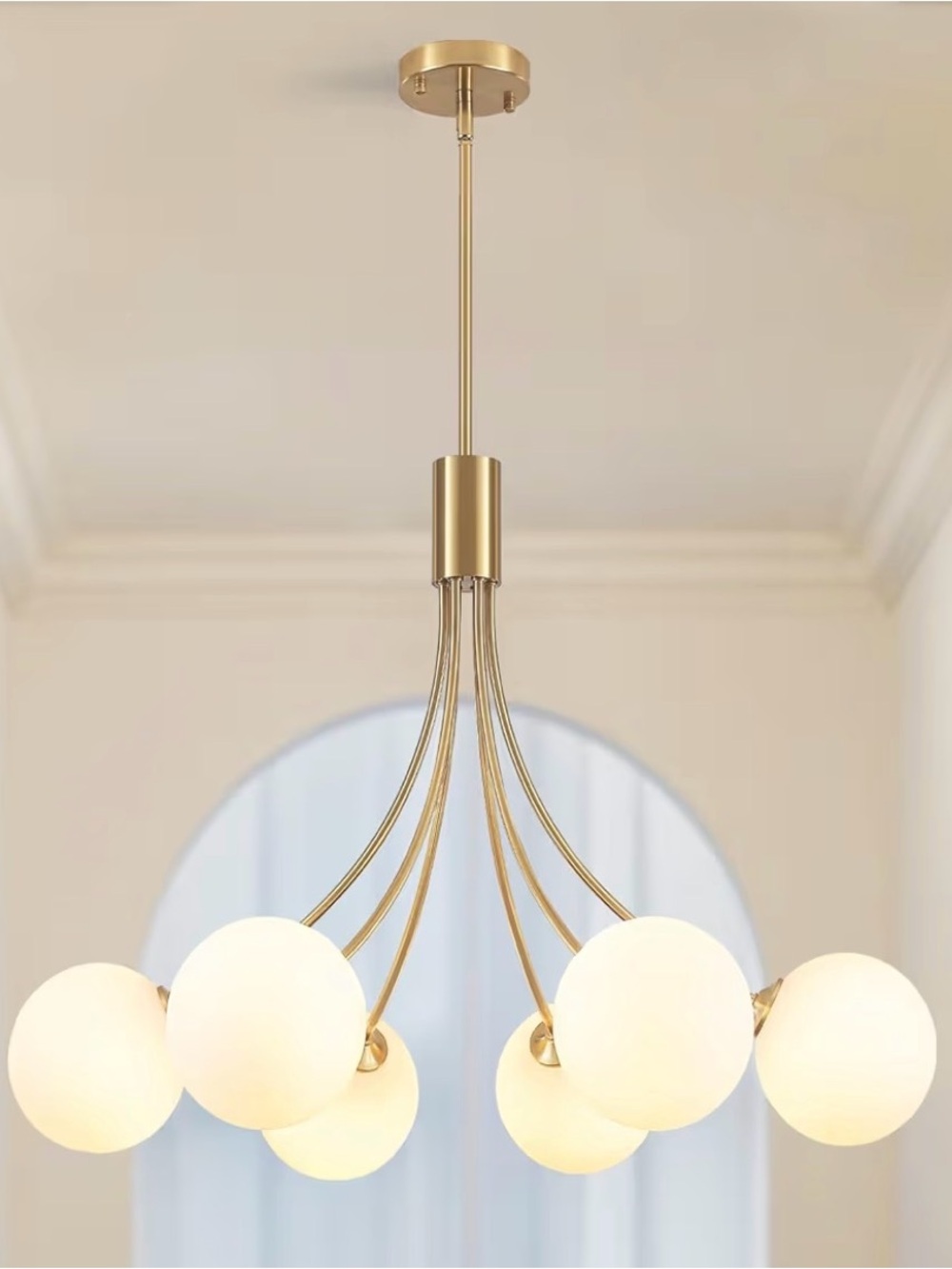 32” Gold Sputnik Chandelier 6-Light Milk Glass Mid-Century Ceiling Light